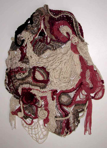 Fiber and wire off-loom sculpture-weaving, feminine images of mourning