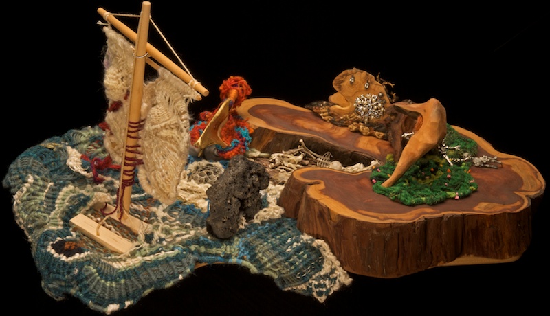 Sirens Island, sails of Odysseus's ship with ropes to tie Odysseus to the mast